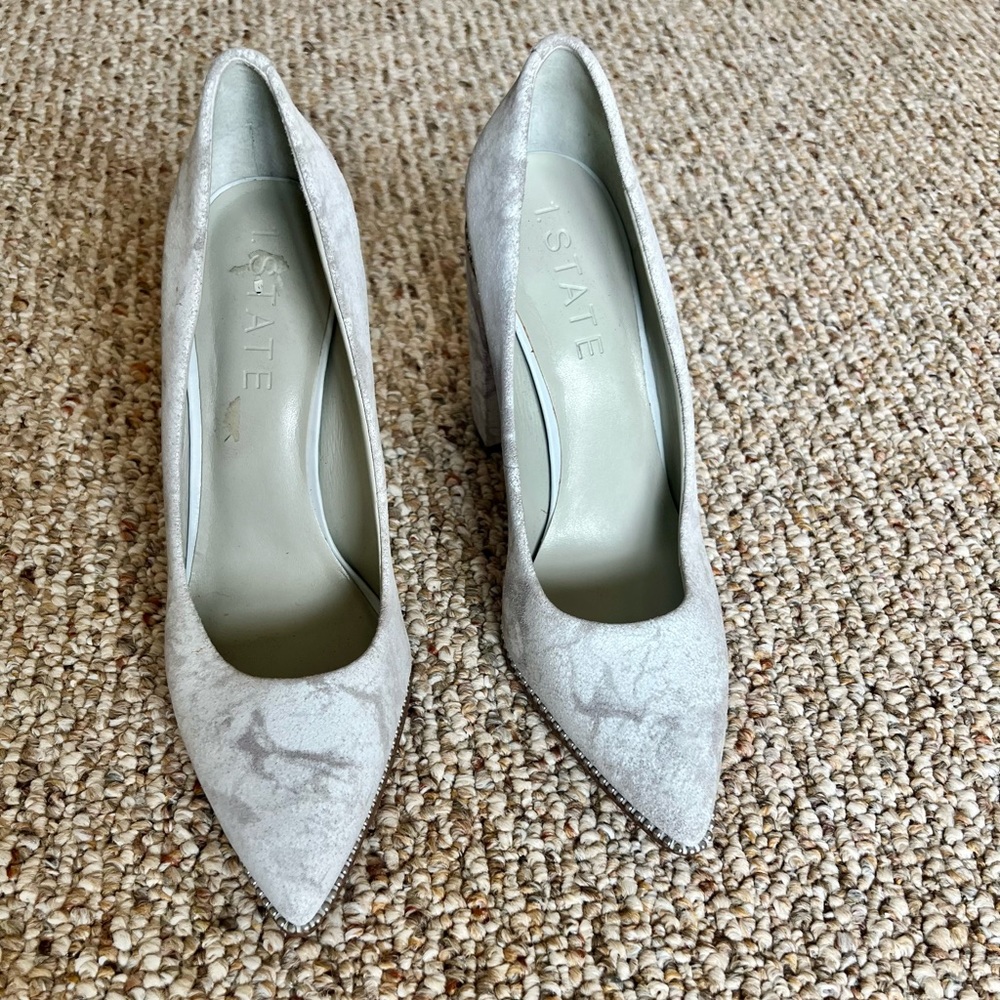 White/grey block heels